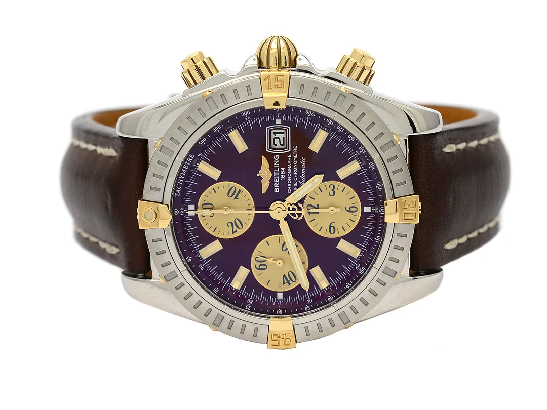 BREITLING, Chronomat Evolution, "Tachymetre", Chronometre, Cal 13 (ETA 7750), Verk nr. , Serie nr. 2073191, Ref nr. B13356, Boett nr. 3405 B4, kronograf, herrur, 43,7 mm, bicolour, automatisk, safirglas, datum, läderband, originalspänne, servad april 2015, cert, januari 2006, box, ytterkartong. — Klockor/Breitling — Kaplans
