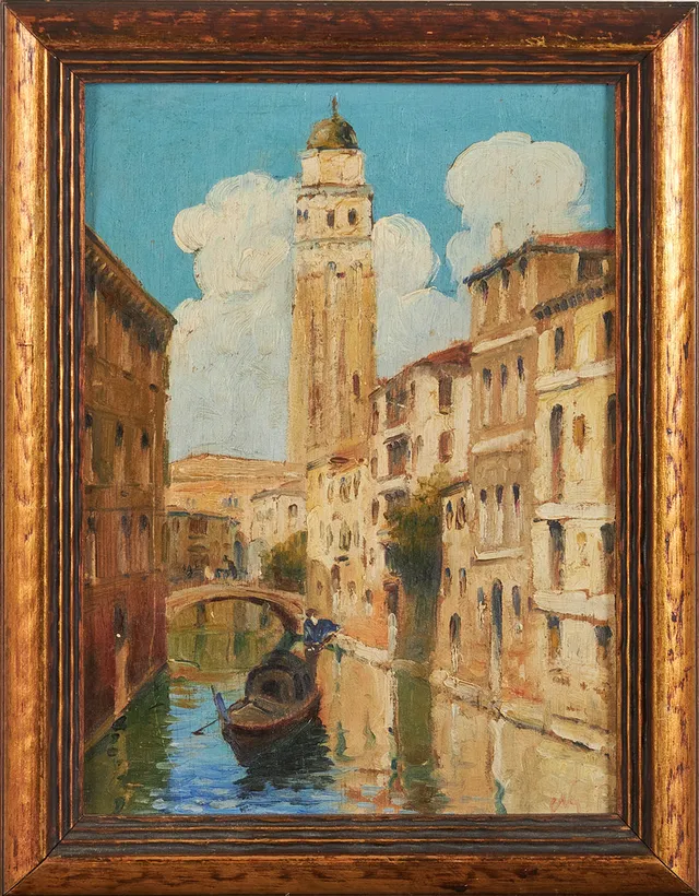 OIDENTIFIERAD KONSTNÄR, olja på pannå, otydligt signerad NG P, motiv från Venedig.