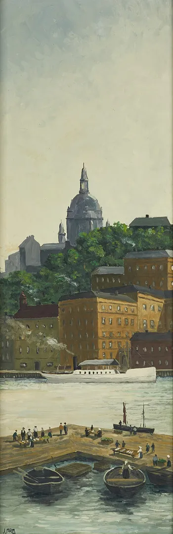 JOHN MALM (1900-1968). Slussen, ”Fiskarhamnen 1868", efter litografisk förlaga, signerad J. Malm., olja på pannå.