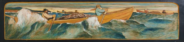 HAMPE SVANBERG. "Strömmingsfiskare på hemfärd (Ångermanland)", 1900-talets första hälft, väggrelief, skuren dekor i trä, polykromt bemålad, inklusive inkorporerad svart ram, monogramsignerad HHS.
