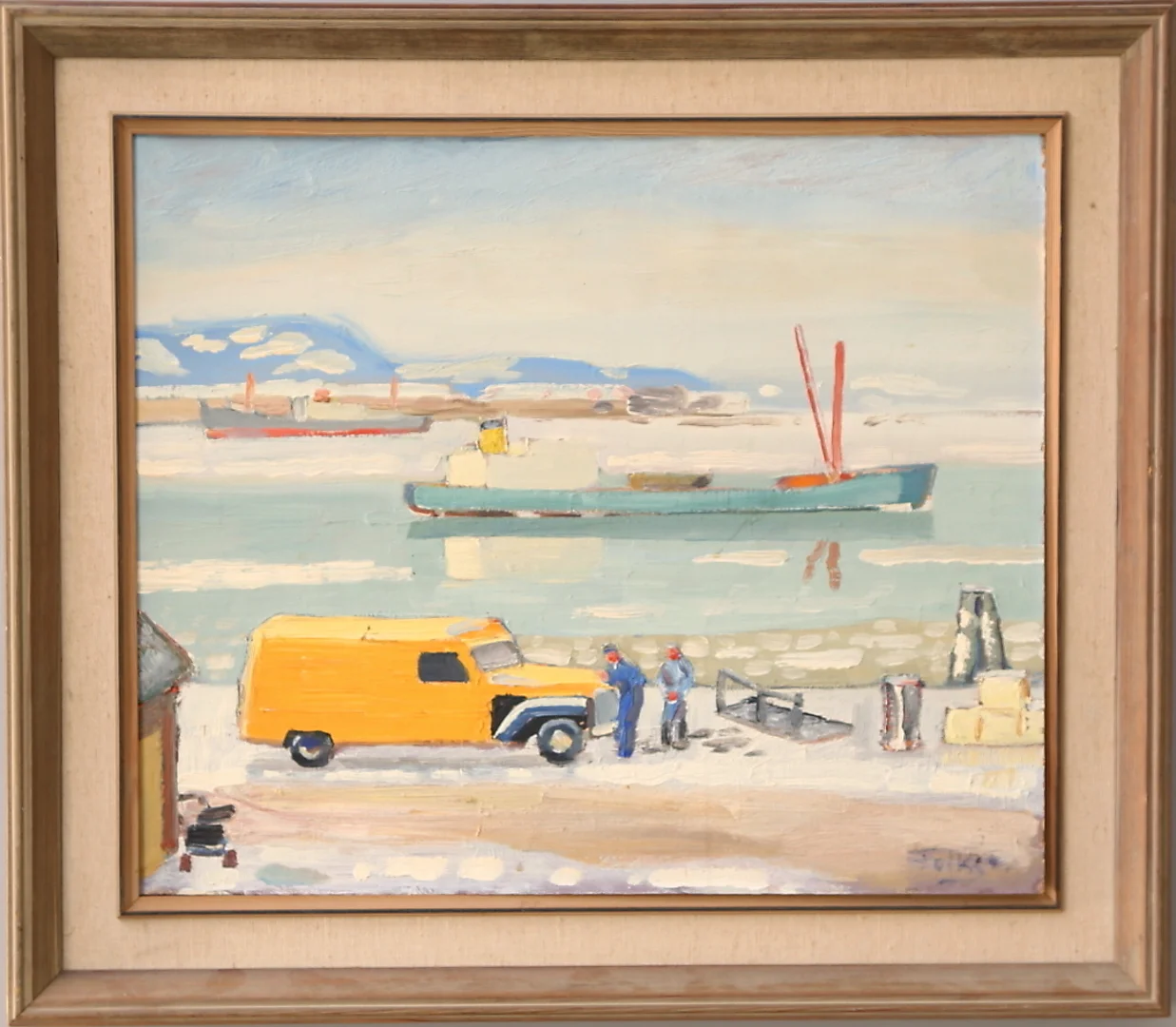 FOLKE PERSSON. Olja på pannå, hamnmotiv, signerad. — Paintings — Leiflers Auktionshus
