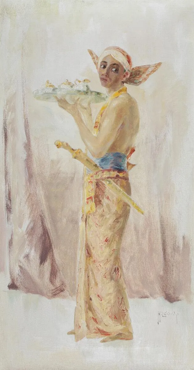 Chamberlain at the court of the Yogyakarta Sultanate. Signed Hugo V. P. Oil on canvas. 65 × 35 cm.