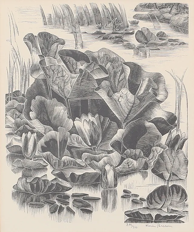 KARIN PERSSON. Näckrosor. Trägravyr, signerad och numrerad 294/310.