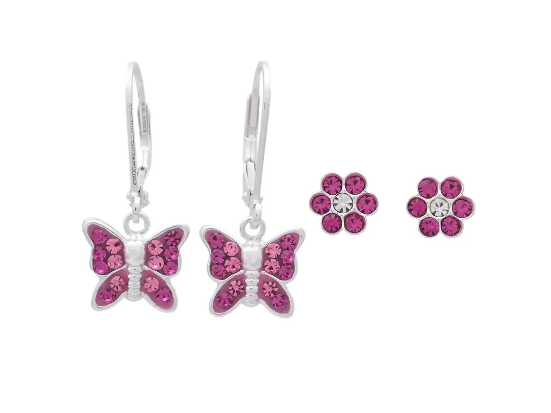 ÖRHÄNGEN, 2 par, sterlingsilver, cubic zirconia, blommor, fjärilar, stängbara krokar, stift, vikt 1,6 g. — Smycken/Smyckeset — Kaplans