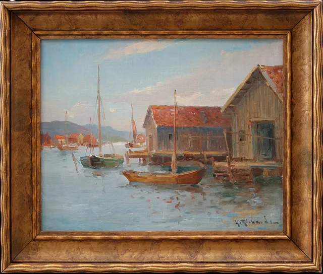 LUDVIG RICHARDE. Motiv från Hunnebostrand, olja på pannå, signerad.