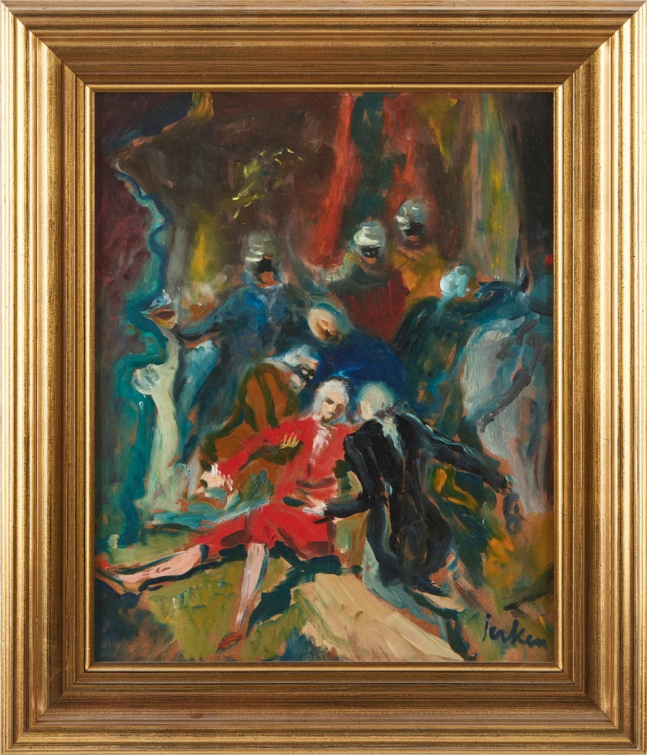 ERIK JERKEN. "Maskeradbalen", olja på pannå, signerad. — Paintings — Stockholms Auktionsverk Magasin 5
