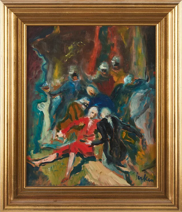 ERIK JERKEN. "Maskeradbalen", olja på pannå, signerad.