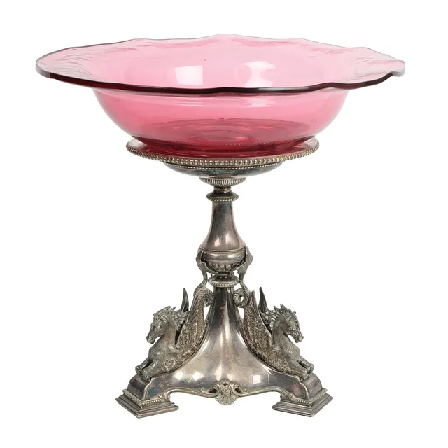 A VICTORIAN SILVER PLATED AND CRANBERRY GLASS TABLE CENTERPIECE.