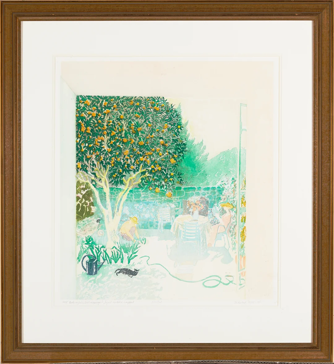 Finne, Ferdinand — "Under appelsintreet - hommage à Ingrid Lindbäck Langaard" 1990 — Kunst/Grafikk — Blomqvist
