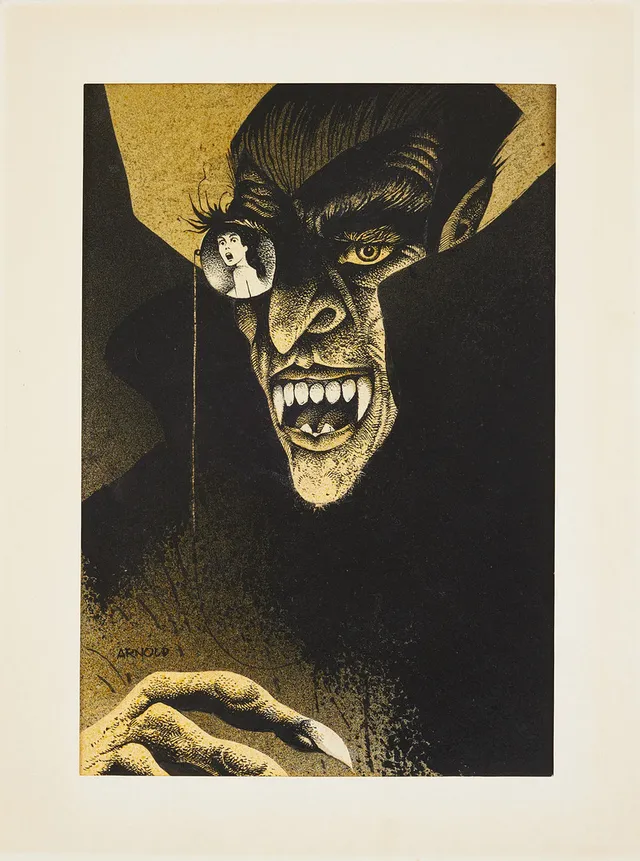 HANS ARNOLD. I Draculas klor, gouache tusch, möjligt tryckt botten, signerad Arnold.