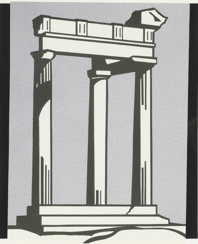 “Temple (Castelli mailer)”, 1964. Unsigned. Leo Castelli stamp on the reverse. Offset lithograph. Published by Leo Castelli Gallery, New York. Sheet size 58×43 cm.
