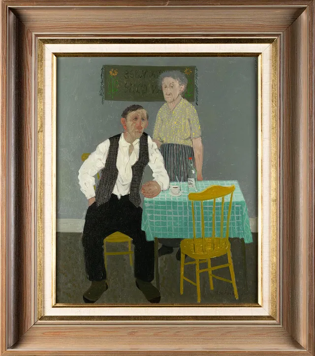 PELLE ÅBERG. olja på pannå, interiör, signerad.
