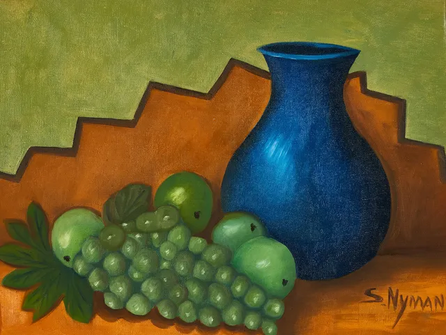 SVEA NYMAN (1902-1986), Stilleben med gröna frukter och blå vas, signerad ’S. NYMAN’, olja på duk.