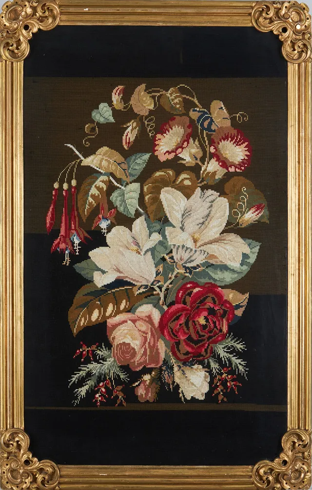 OKÄND KONSTNÄR, broderi i form av blomsterstilleben, 1800-talets slut.