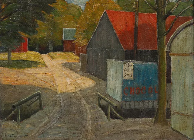 LAURITZ JØRGENSEN 1888 -1953. Eksteriør med huse. Olie på lærred.