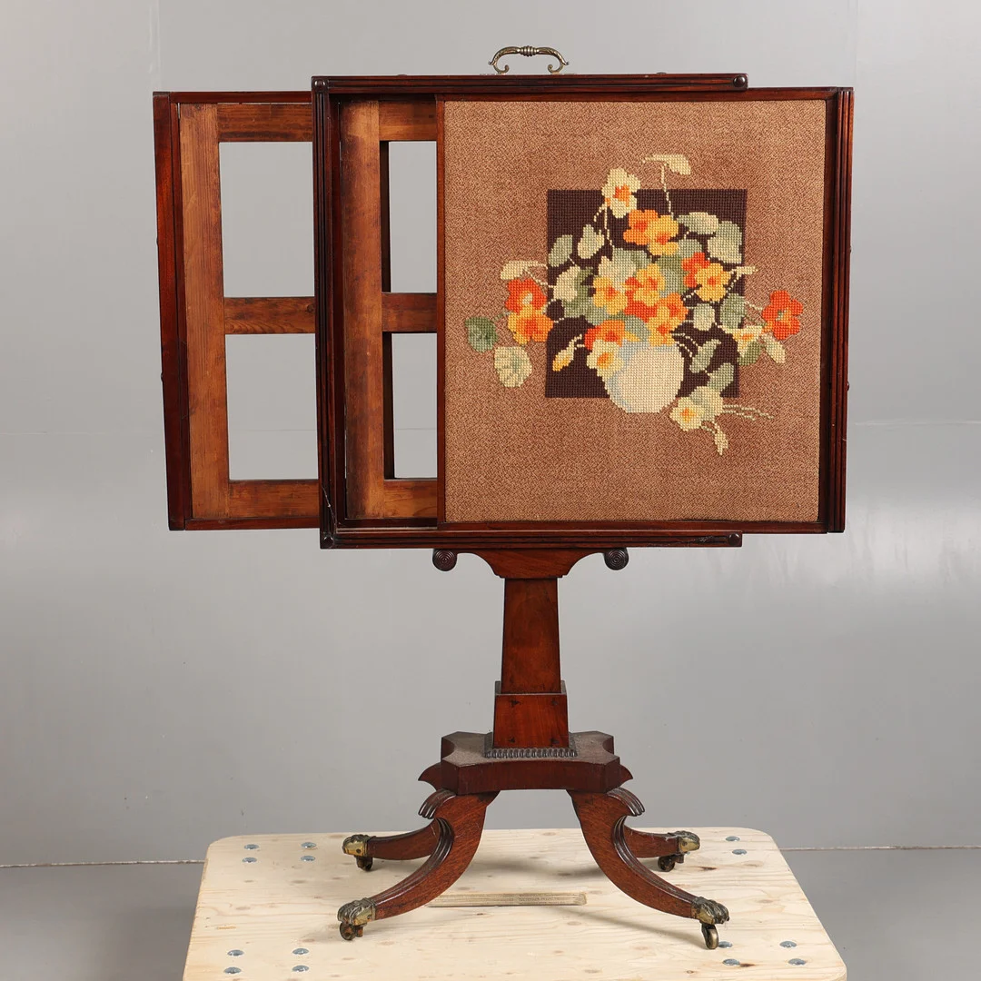 A 19TH CENTURY MAHOGANY & NEEDLEWORK FIRE SCREEN. — Other — Bishop & Miller
