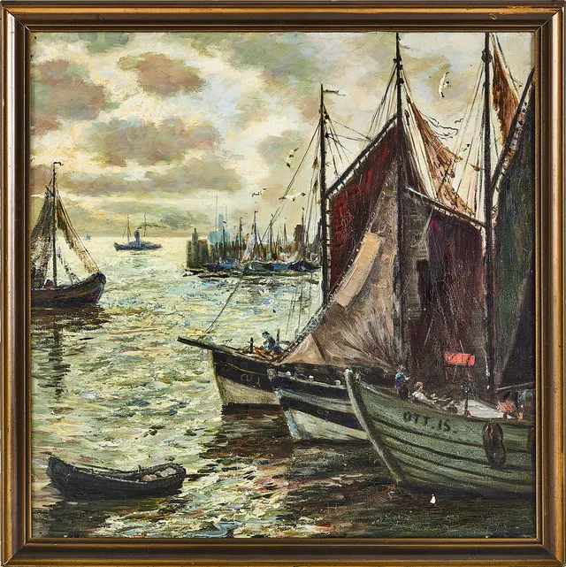 WILHELM MOSBLECH (Tyskland 1868-1934) Segelbåtar i aftonljus, oljemålning på duk, signerad W. Mosbach.