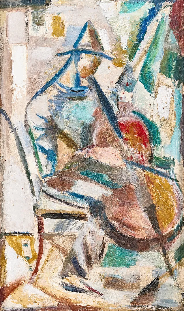 JULES SCHYL. Cellospelare, olja på pannå, signerad.