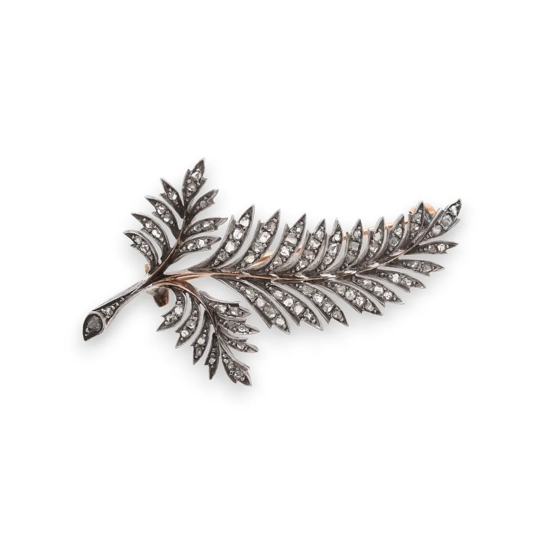 French leaf-shaped brooch with diamonds, late 19th Century. — Brooches & Pendants — Balclis