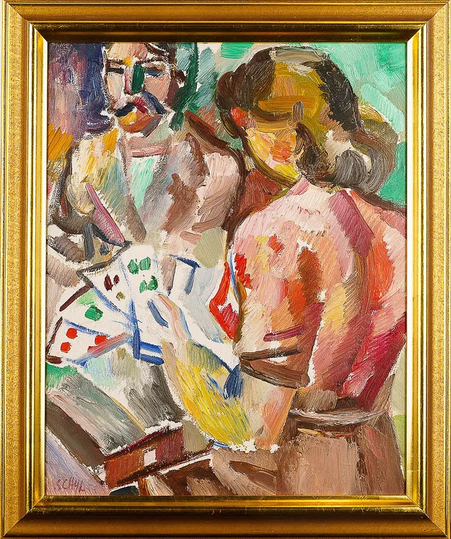 JULES SCHYL. Olja på pannå, Kortspel, Signerad.