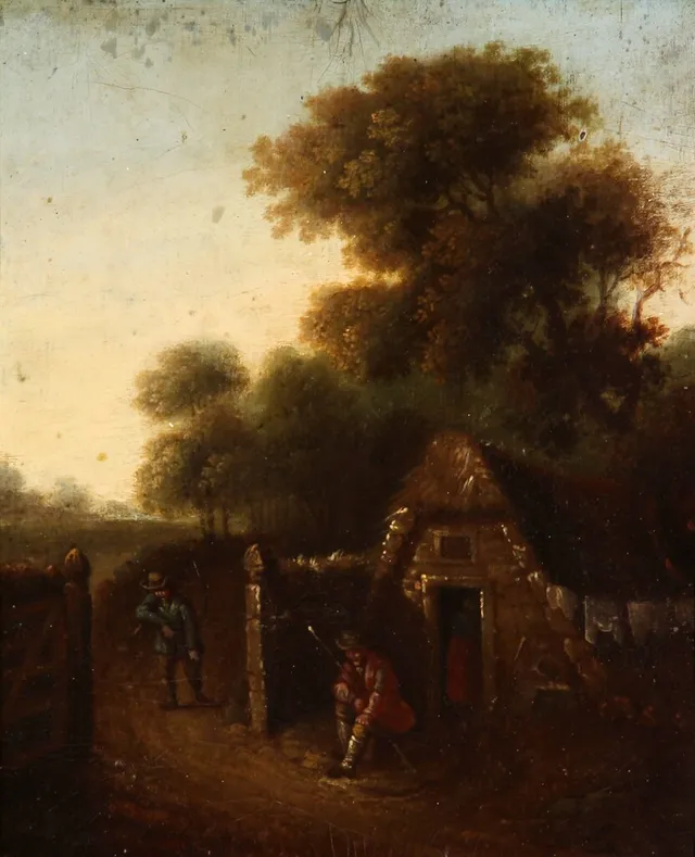 Hollandsk maler, 1700-tallet. Landskab med hytte og personer