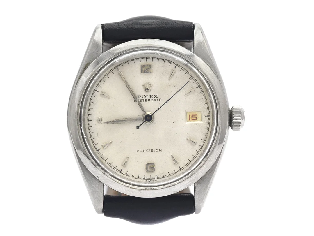 ROLEX, Oysterdate, Precision, herrur, 34 mm, Ref nr. 6294, Serie nr. 883879, Cal 740, Verk nr. 28093, Boett nr. 6294, stål, manuell, plexiglas, datum, skadad urtavla, defekt, läderband, tillverkad andra kvartalet 1953. — Klockor/Rolex — Kaplans