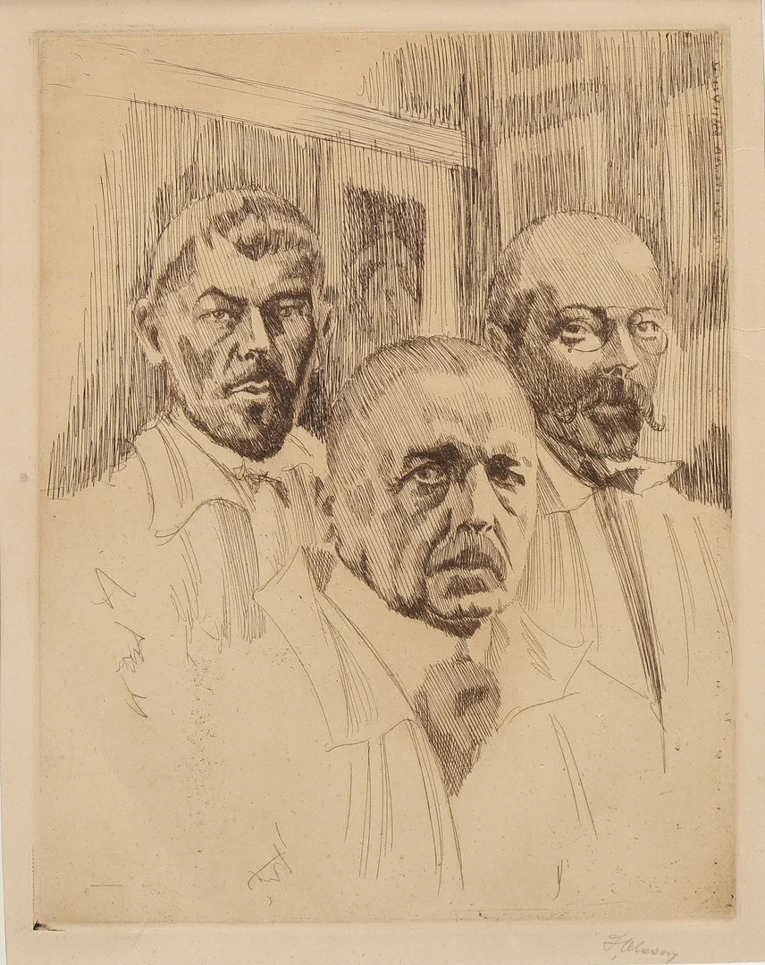HELMER MASOLLE. Porträtt av Albert Engström, Anders Zorn & Carl Larsson. — Engravings & Prints — Karlstad Hammarö Auktionsverk
