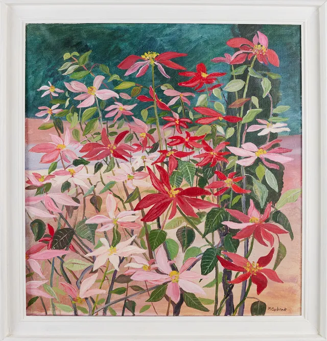 MARGARETA CARLSTEDT. olja på duk, blomstermotiv, signerad.