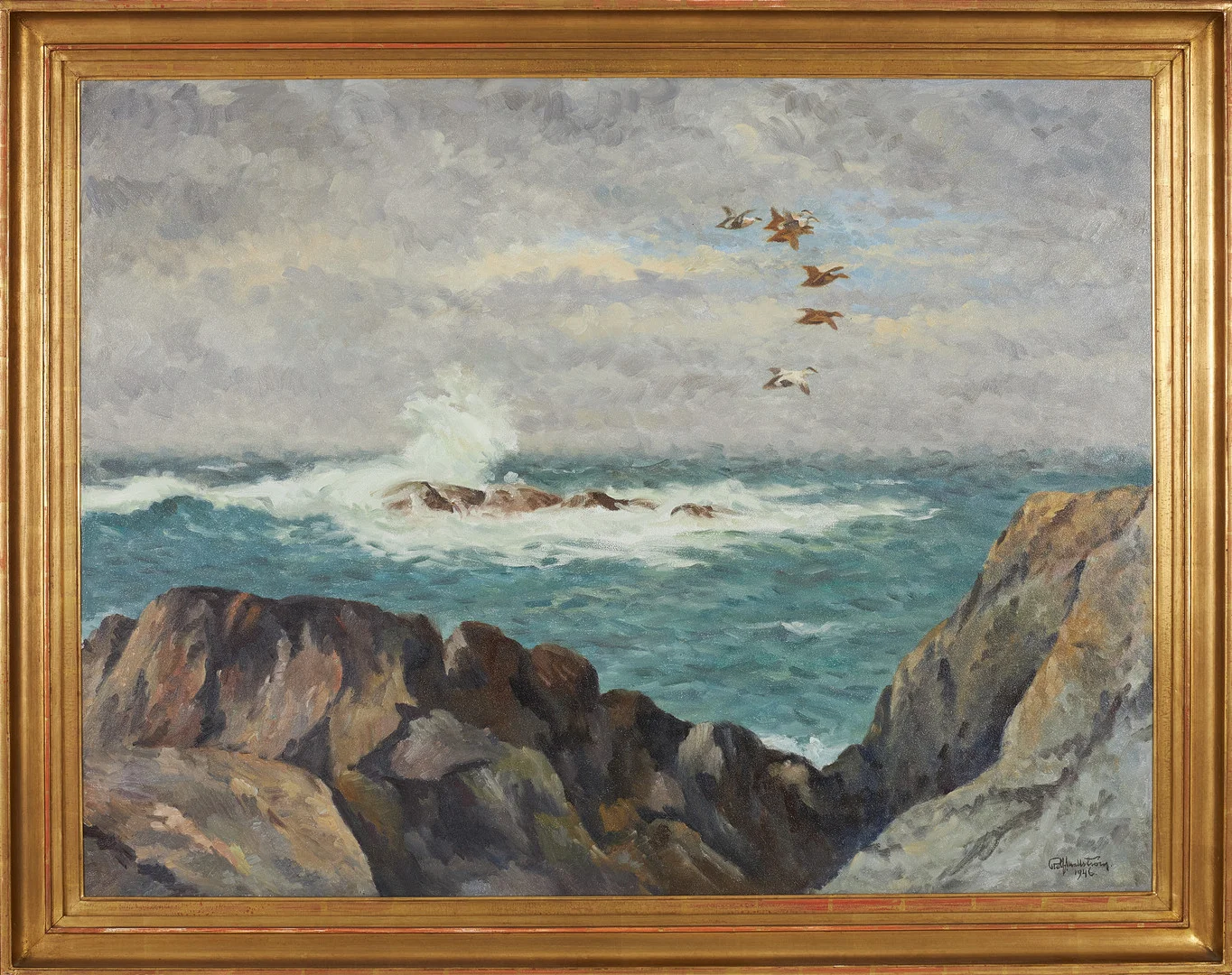 ROLF MELLSTRÖM (1896-1953). Ejdrar stegra mot vinden, signerad och daterad Rolf Mellström 1946, olja på pannå. — Paintings — Stockholms Auktionsverk Sickla