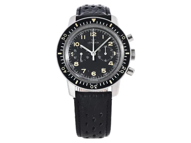 LEMANIA, s.k. "Flown Viggen", kronograf (T Swiss Made T), herrur, 42 mm, Cal 1872, Serie nr. 3056430, Boett nr. 817, stål, manuell, plexiglas, gravyr ("Tre kronor" M 3440 05101(0) / 263), läderband, ca 1970.