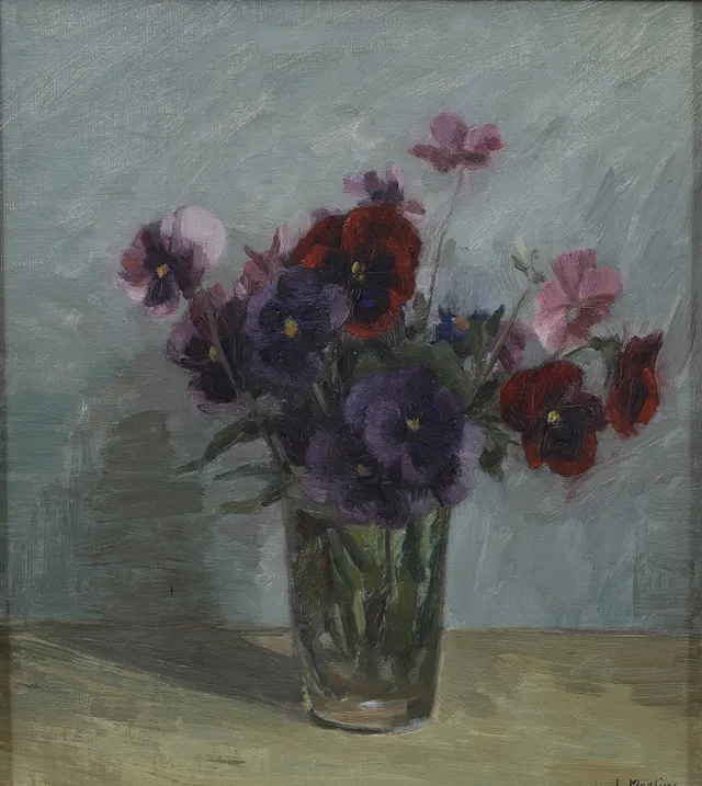 LEOPOLD MORSING. Stilleben med violer, olja på pannå, signerad.