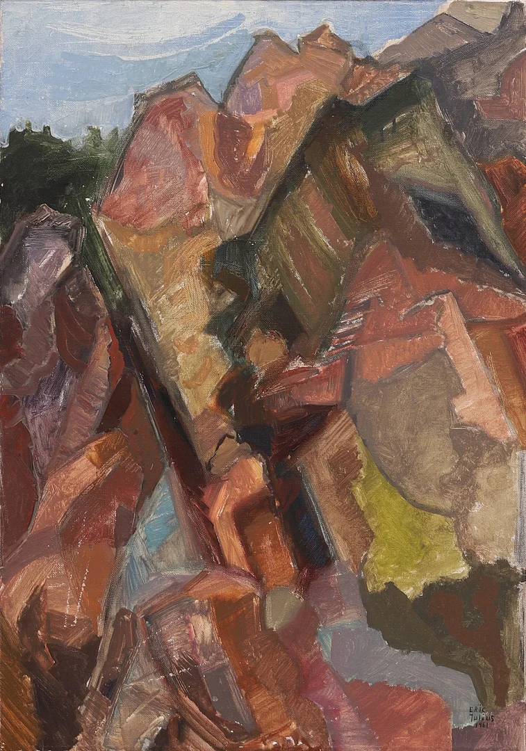 ERIC JULIUS. "Röda hallar", olja på duk, signerad och daterad Arild 1961. — Paintings — Crafoord Auktioner Malmö