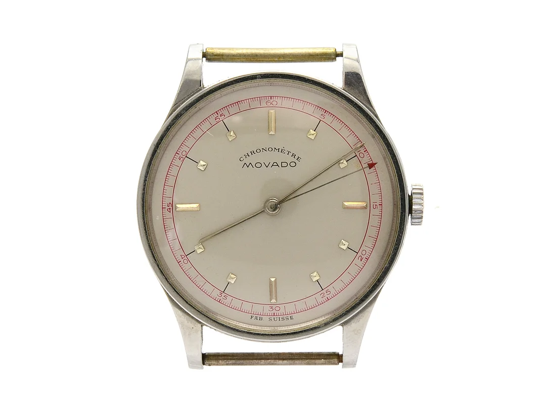 MOVADO, "Chronomètre", Fab Suisse, herrur, 35 mm, Cal 75 (157), Ref nr. 12748, Boett nr. 0094420, stål, manuell, plexiglas, renoverad urtavla, skadad urtavla, ca 1945. — Klockor/Movado — Kaplans