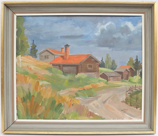 HANS PRINS. Landskap med fäbodstugor, oljemålning på duk, signerad och daterad 1946.
