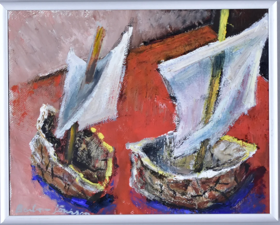 BARBRO JÖNSSON. oljemålning på duk, "Lillebrors båtar". — Paintings — Halmstads Auktionskammare