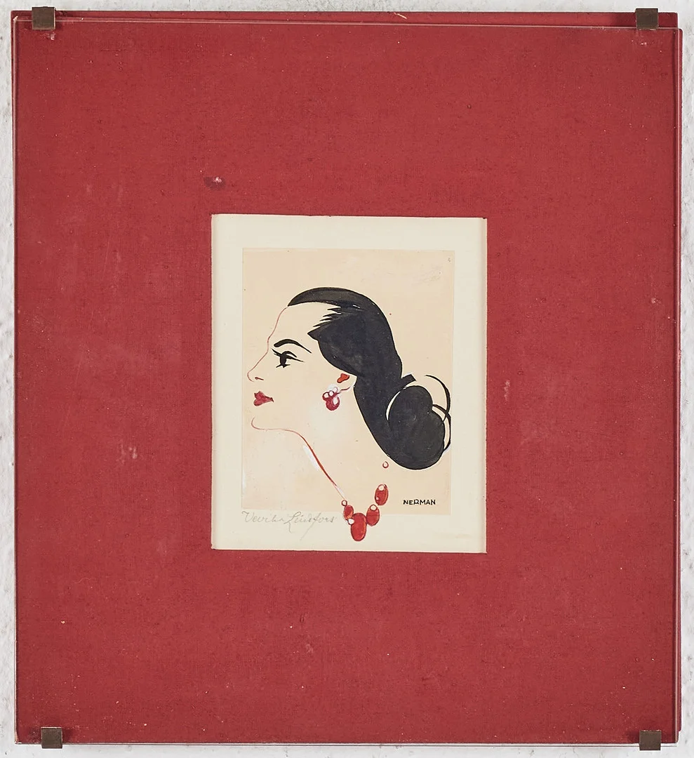 EINAR NERMAN. Porträtt av Viveca Lindfors, akvarell med täckvitt på papper, signerad Nerman. — Paintings — Stockholms Auktionsverk Magasin 5