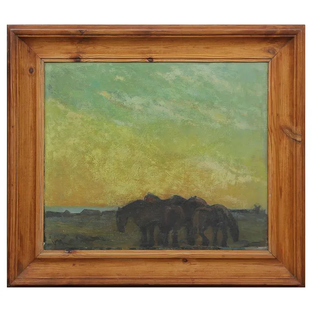 ACKE ÅSLUND. (1881-1958) A TERGO "HÄSTAR PERSNÄS ÖLAND 1954 18 AUG" OLJA PÅ PANNÅ (SVAG SIGNATUR, TILLSKRIVEN).