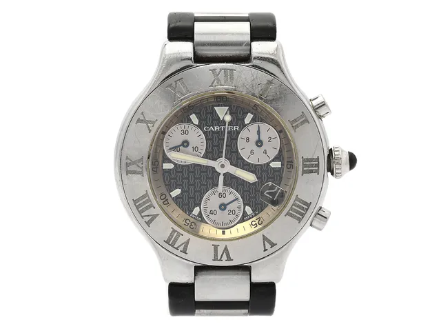 CARTIER, 21 Chronoscaph, Cal 272, Boett nr. 2424/38103PL, kronograf (defekt), herrur, 38,5 mm, stål, quartz, safirglas (repa), datum, integrerat gummi/stålband (skadat, se bild och fördjupad information), viklås, Ref nr. BWMI, ca 2000, box.
