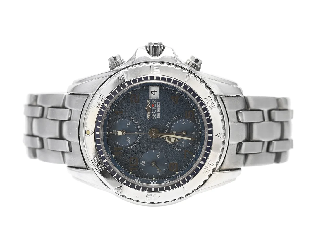 SECTOR, 650, Cal ETA 7750, Boett nr. 2623965035, kronograf, herrur, 41 mm, stål, automatisk, safirglas, datum, orginallänk, viklås, Ref nr. AC4, cert, september 1998. — Klockor/Sector — Kaplans