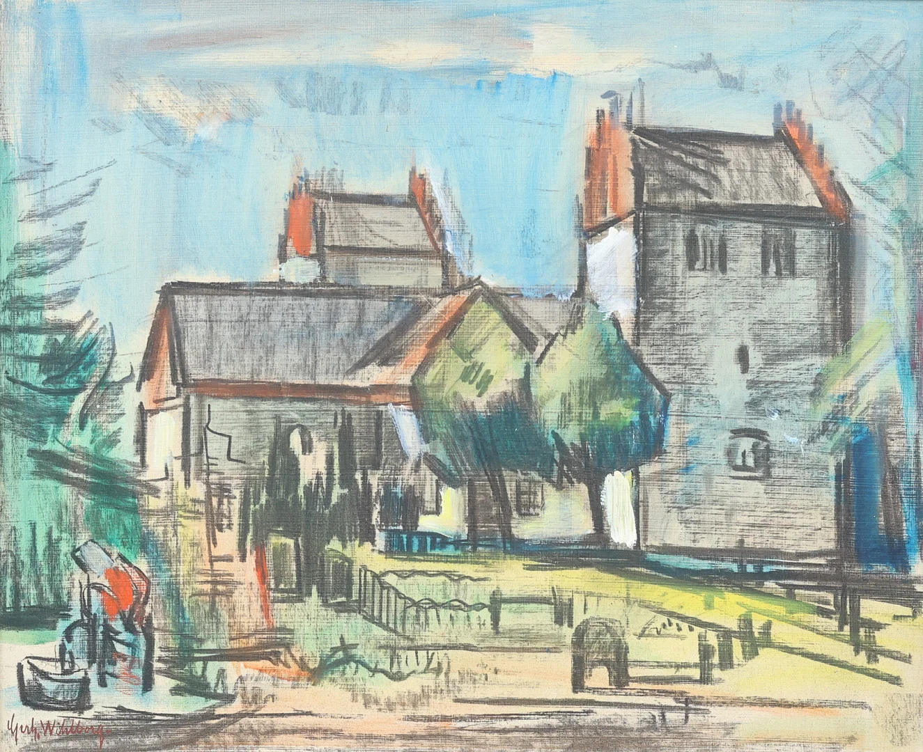 GERHARD WIHLBORG. Löderups kyrka, blandteknik på pannå, signerad. — Paintings — Garpenhus Auktioner