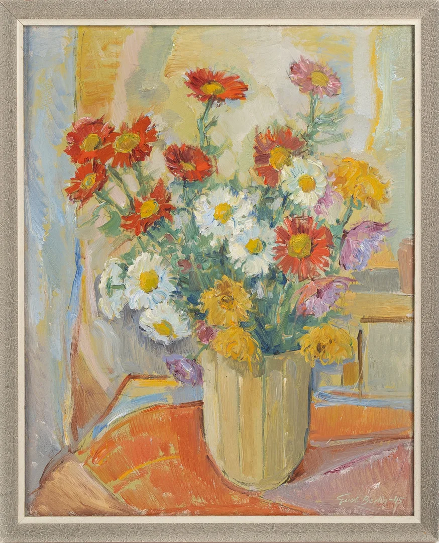 GUSTAV BERLIN. Olja på pannå, stilleben, "Sommarbukett", signerad samt daterad -45. — Paintings — Stockholms Auktionsverk Helsingborg