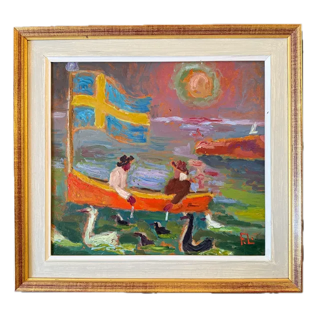 FRANS LARSSON. "Fiske vid Kusten" Olja på Pannå.