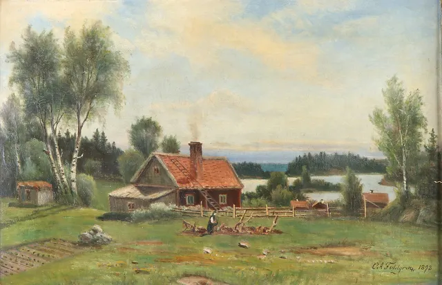 CARL AUGUST FAHLGREN. Oljemålning på duk. Sommaridyll. Signerad och daterad 1898.