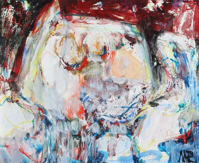 “Mellem hjerteslag II”, 1973. Signed MB; signed with title and date on the reverse. Oil on canvas. 38×46 cm.