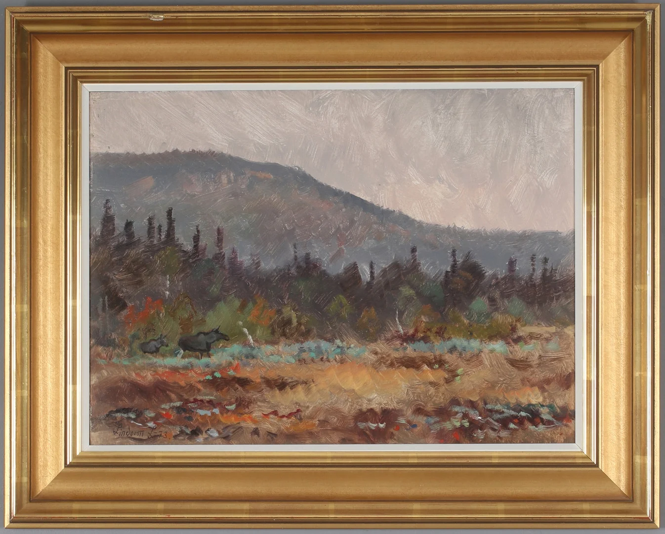 LINDORM LILJEFORS. Älgar på myr, olja på pannå, signerad och daterad -73. — Paintings — Stadsauktion Sundsvall