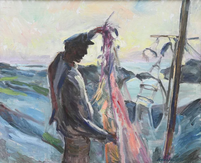 ANDERS SKÖLD. olja på duk, fiskare, signerad, daterad -96.