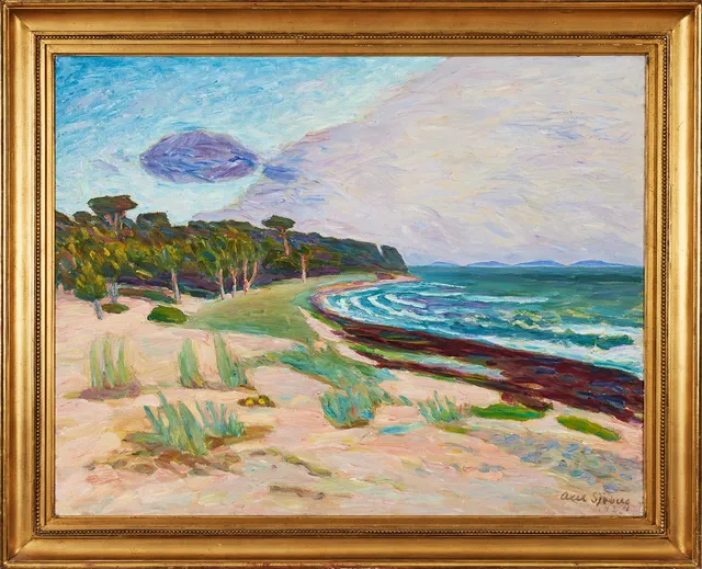 AXEL SJÖBERG. "Sandhamn", olja på pannå, 86 x 110 cm.