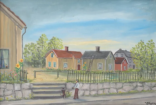 YNGVE JOHANSSON. Sandgärdsgatan, Växjö. Olja på pannå, signerad.