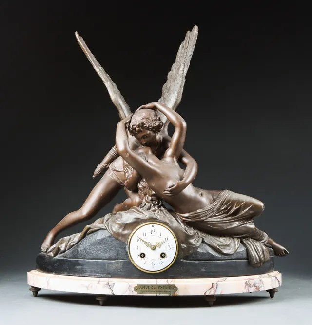 'Amour et Psyché' Fransk kaminur af bronzepatineret zink, ca. 1900