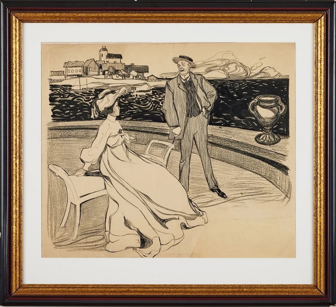 AXEL TÖRNEMAN (1880-1925). Samtal, blandteknik på papper, 48,5 x 58 cm. — Drawings — Stockholms Auktionsverk Fine Art